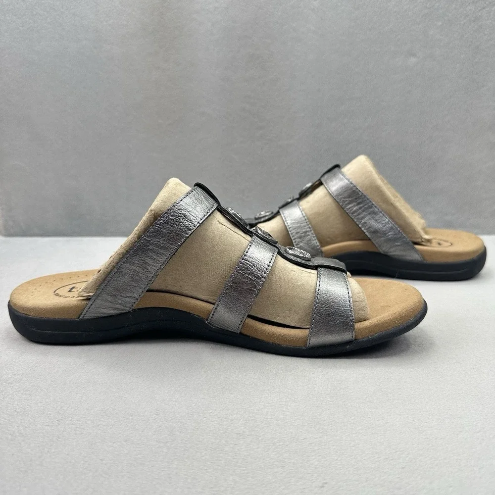 Taos Prize 4 Womens Size 11 Sandals Pewter Leather Strappy Adjustable Slides